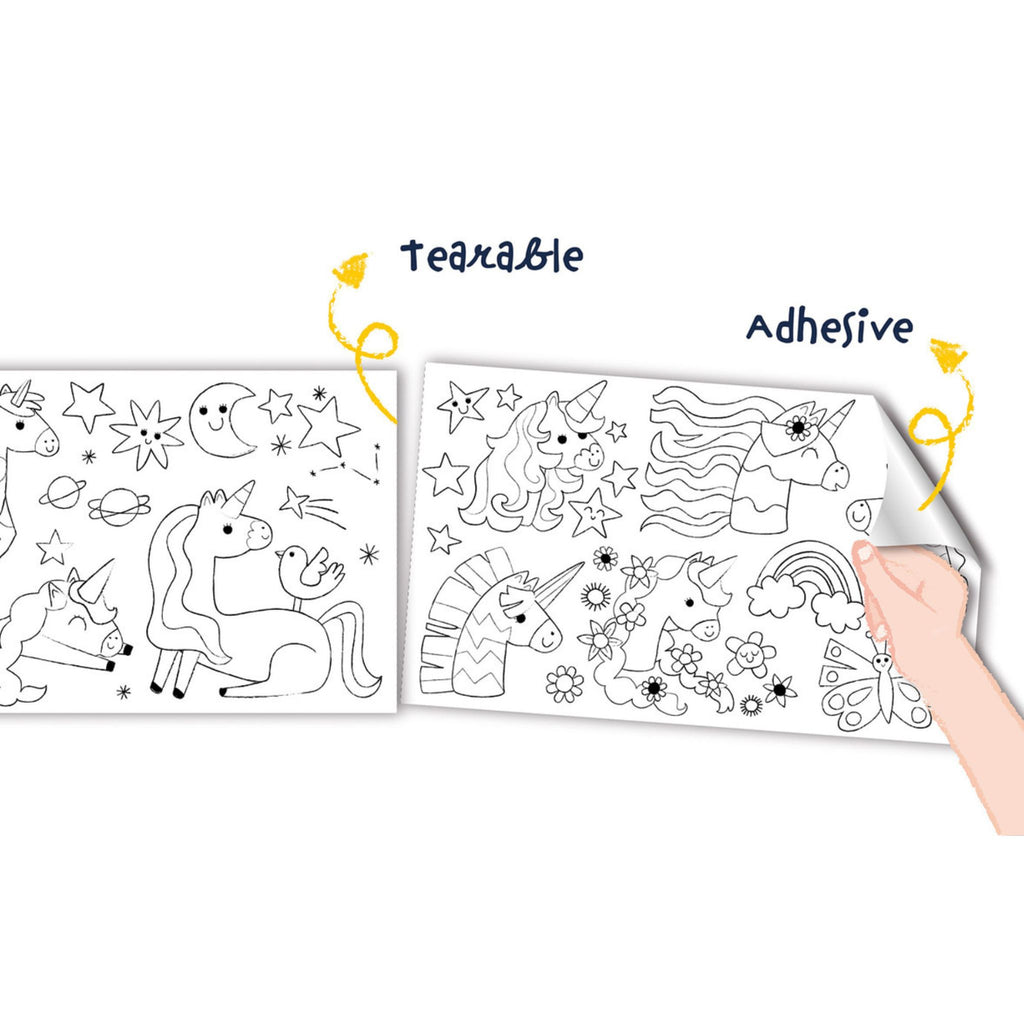 Hand holding Coloring Roll Kit Dino World with text "Tearable" & "Adhesive"