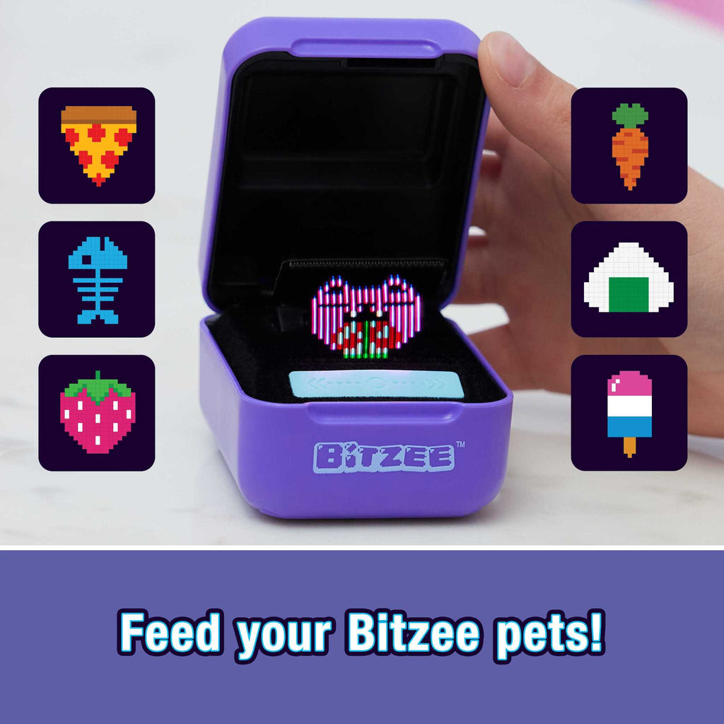 Bitzee Digital Pet opened displaying a pet, food icons surrounding with text "Feed your Bitzee Pets!"