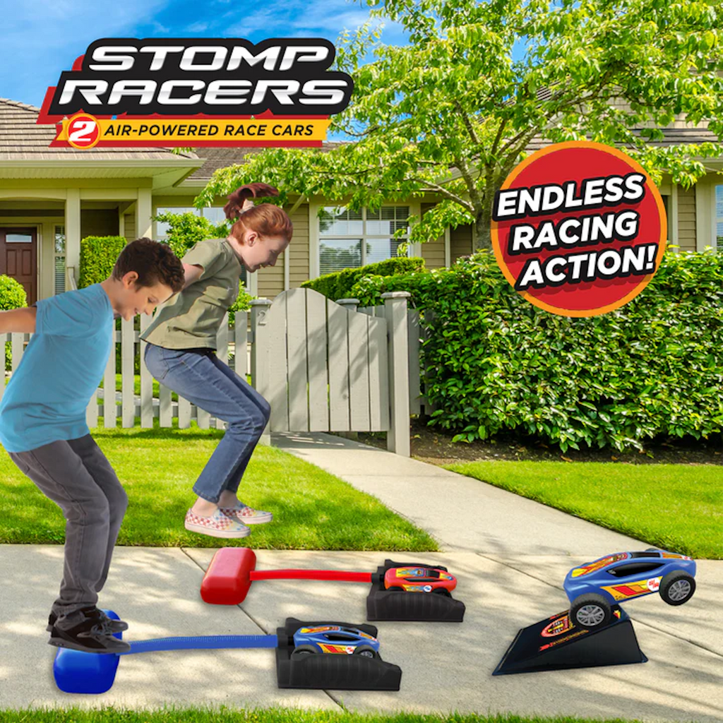 Girl and Boy Jumping on Stomp Racers