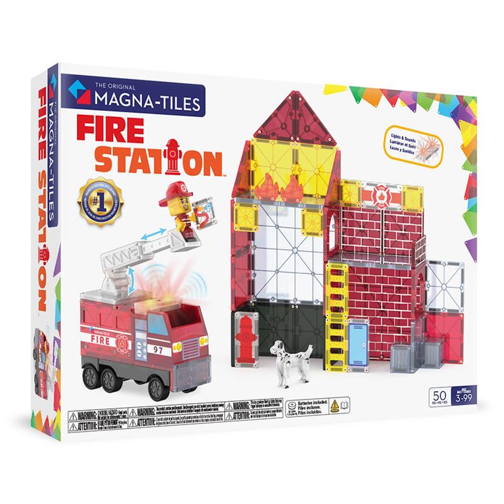 Magna-Tiles Fire Station toy set packaging with fire station and fire truck models.