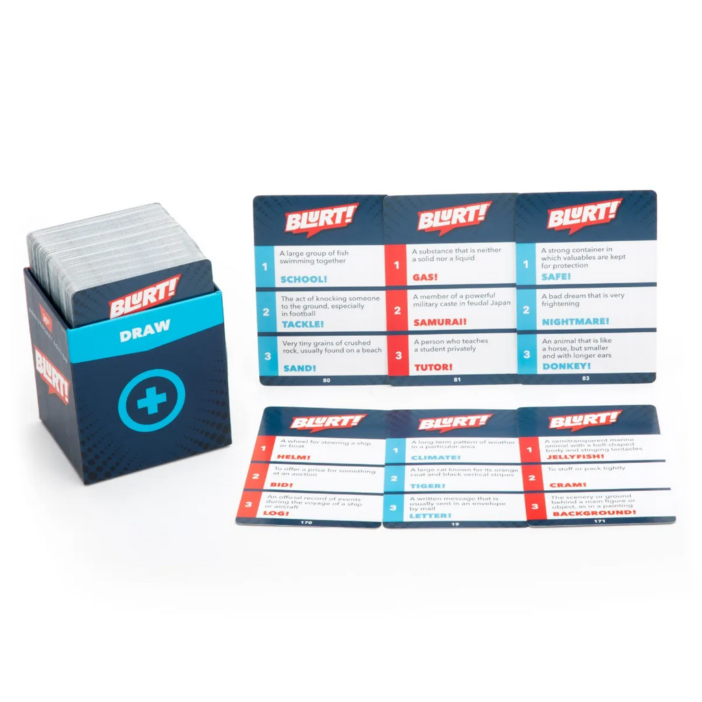 Blurt! card game components including cards and a box on a white background