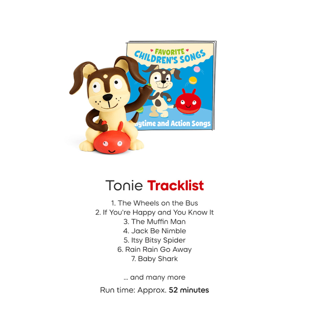 Toy with a book titled 'Favorite Children's Songs' and a tracklist on a white background