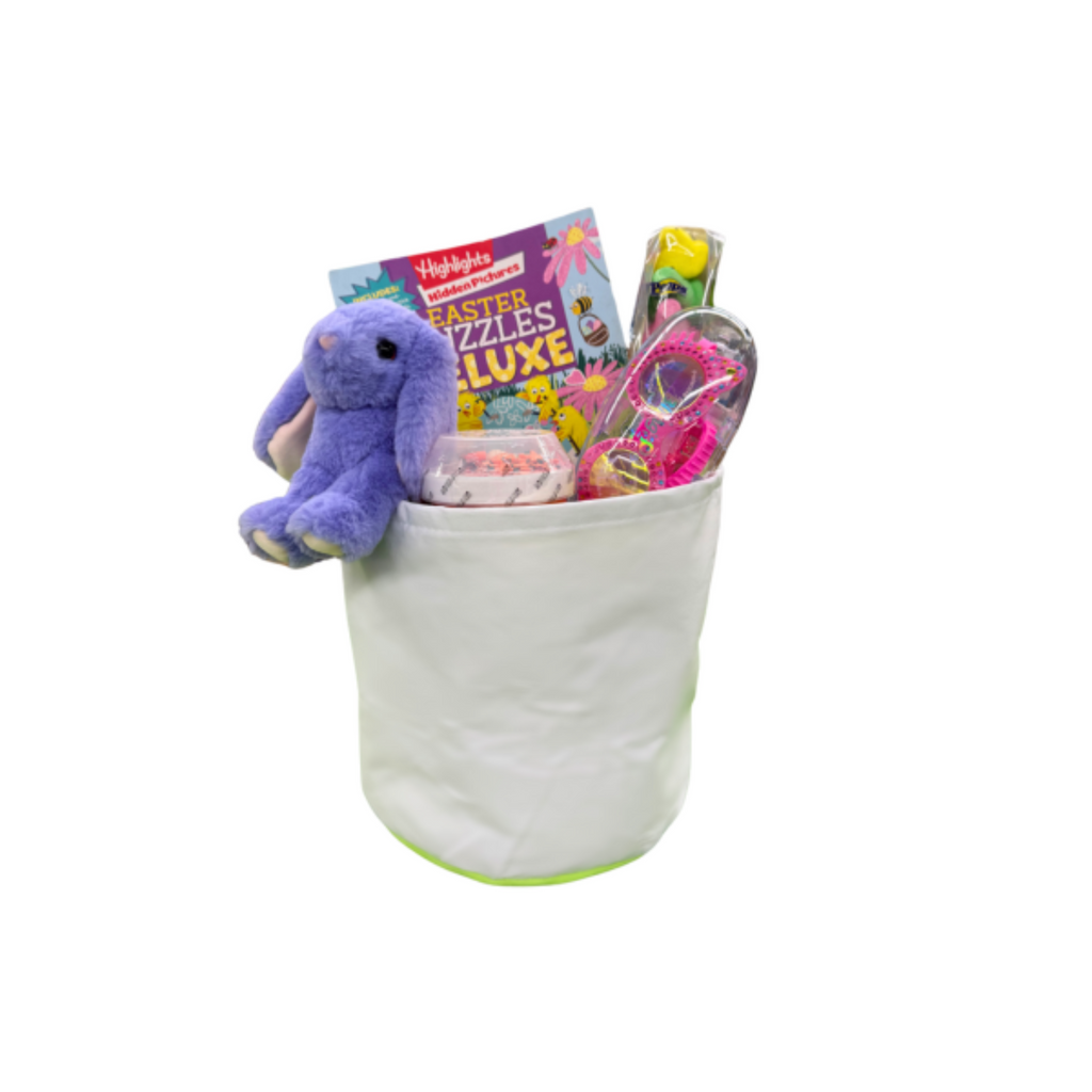 White Easter Basket filled with toys and candy