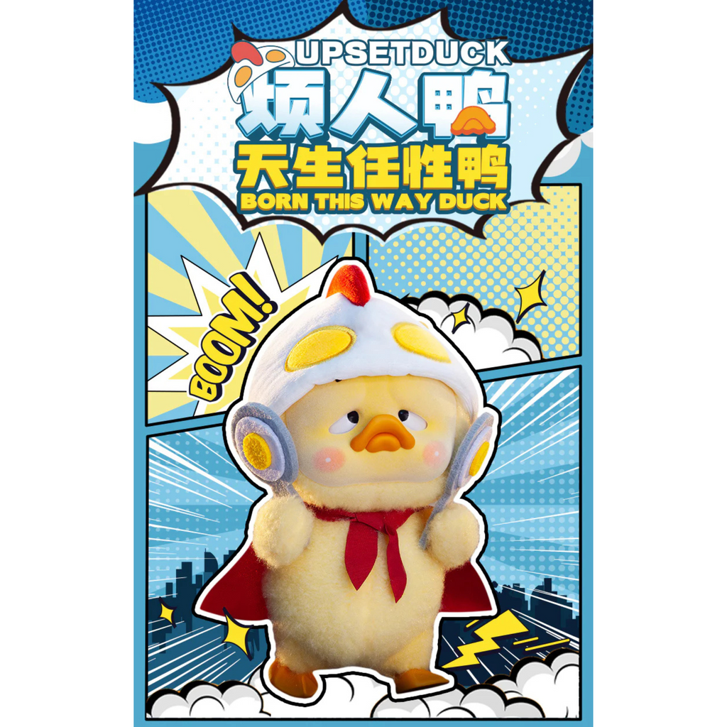 Plush duck character in superhero costume with comic book style background