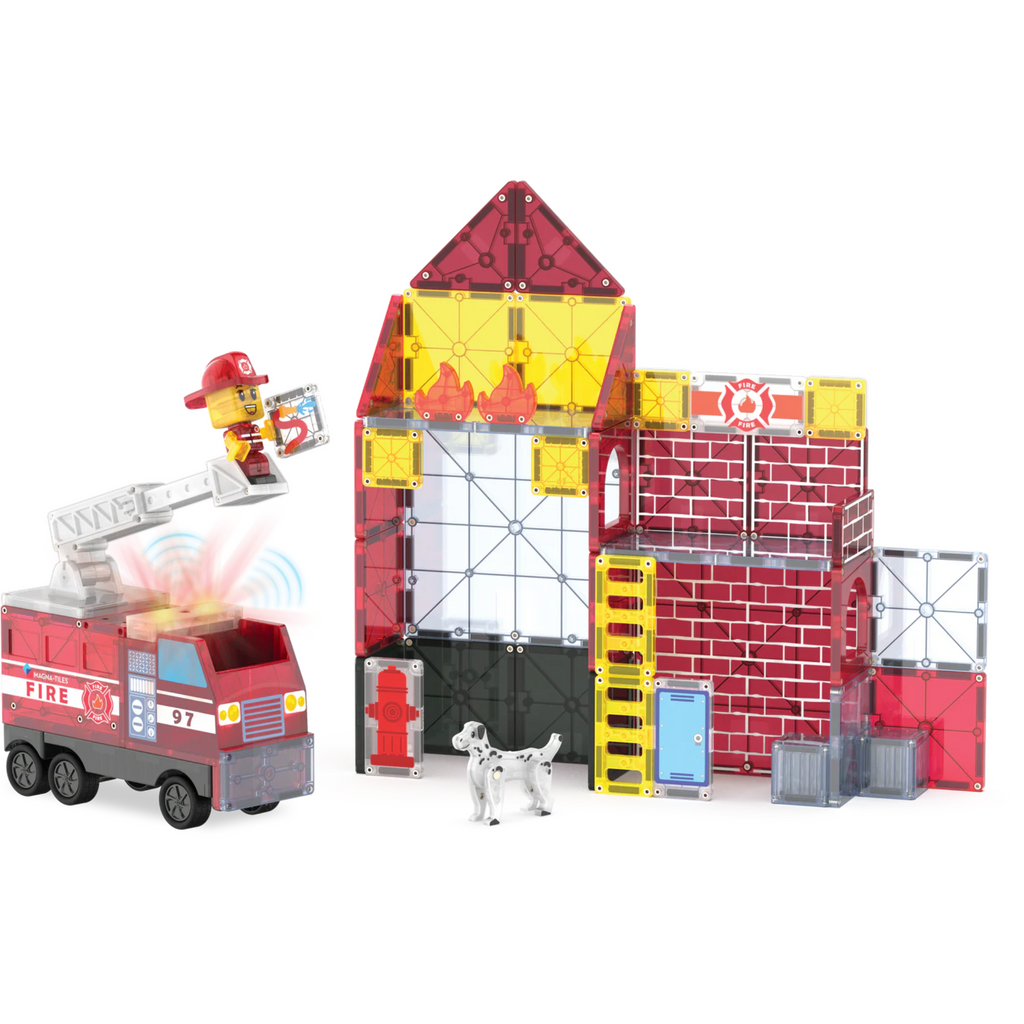 MagnaTiles fire truck and building set on a white background