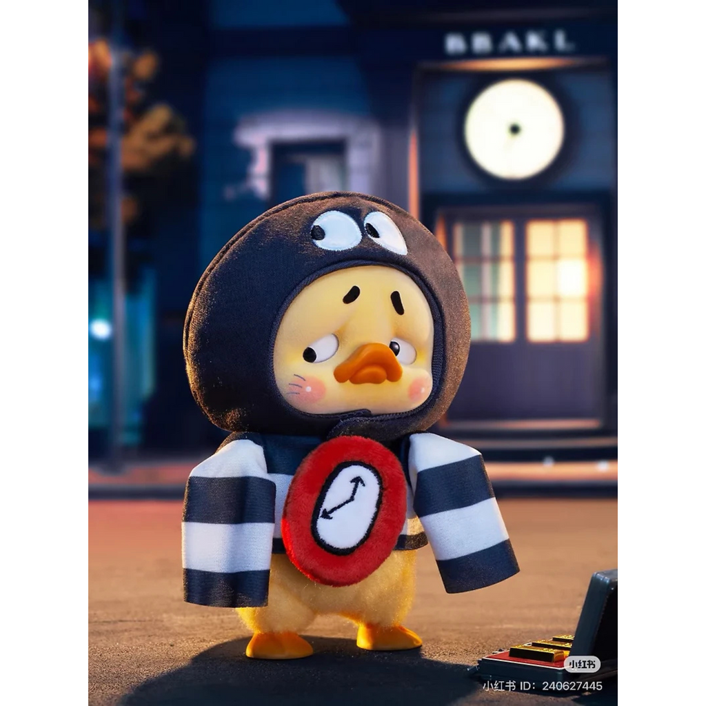 Duck plush with a character design in a dark setting