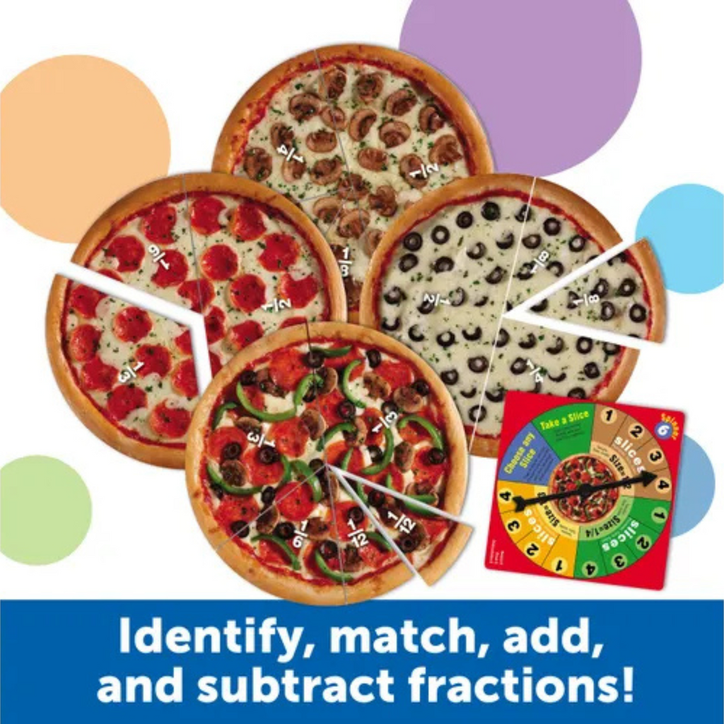 Pizza slices with fractions and a fraction wheel on a colorful background