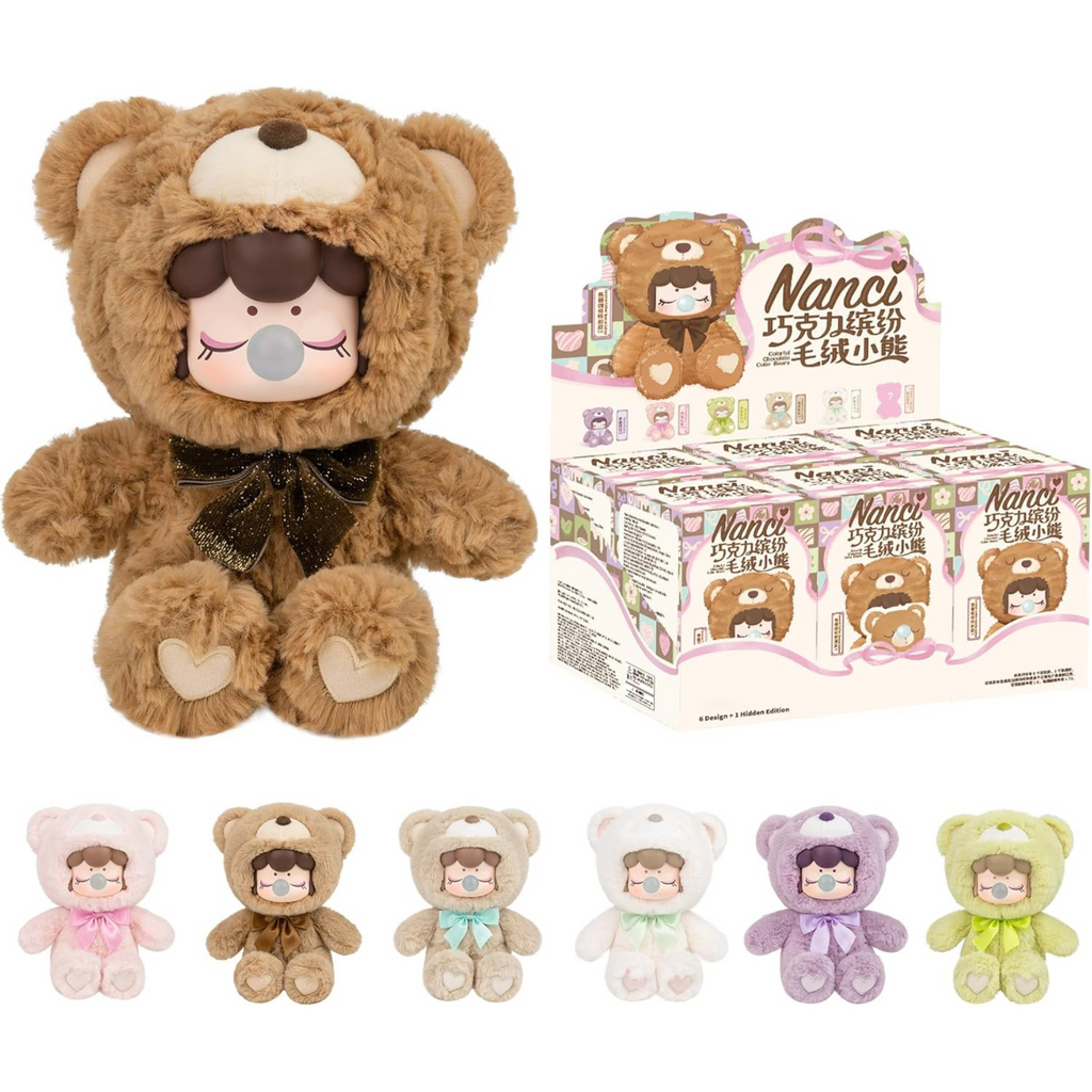 Plush teddy bear toy with a box labeled 'Nanci' and additional teddy bears in various colors.