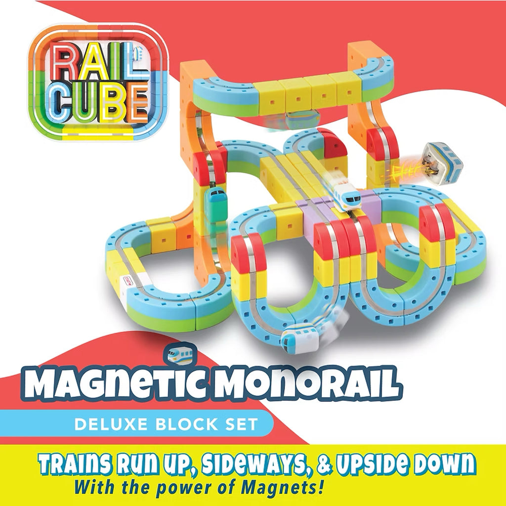 Colorful magnetic monorail toy set with 'Rail Cube' branding on a red and white background.