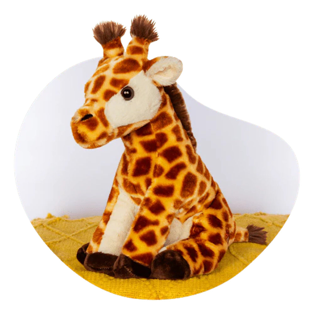 Trek Giraffe Plush Lifestyle Image Sitting on Yellow Blanket