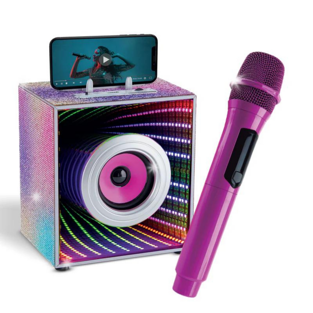 Pop Star Bluetooth Karaoke Set with phone propped up on top