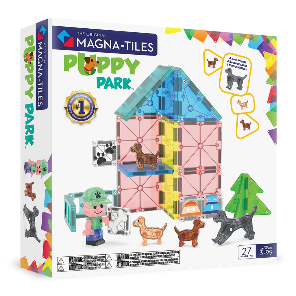 Magna-Tiles Puppy Park set packaging with colorful building set and dog figures.