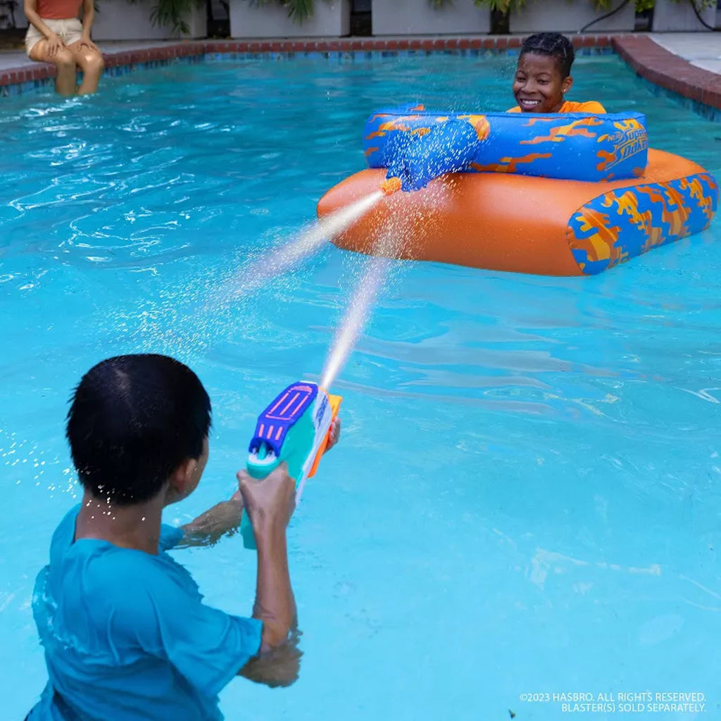 Children playing with NERF MegaForce Battle Tank in pool