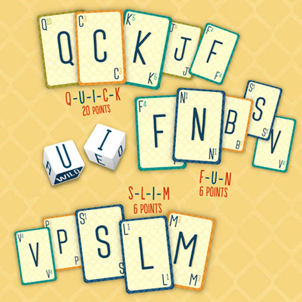 Wordical cards and dice on a beige background with word suggestions.