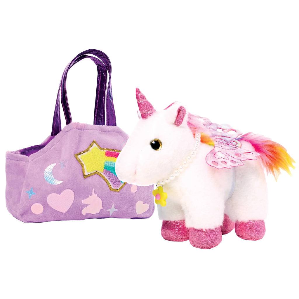 Plush unicorn toy with a purple bag featuring rainbow and heart designs on a white background