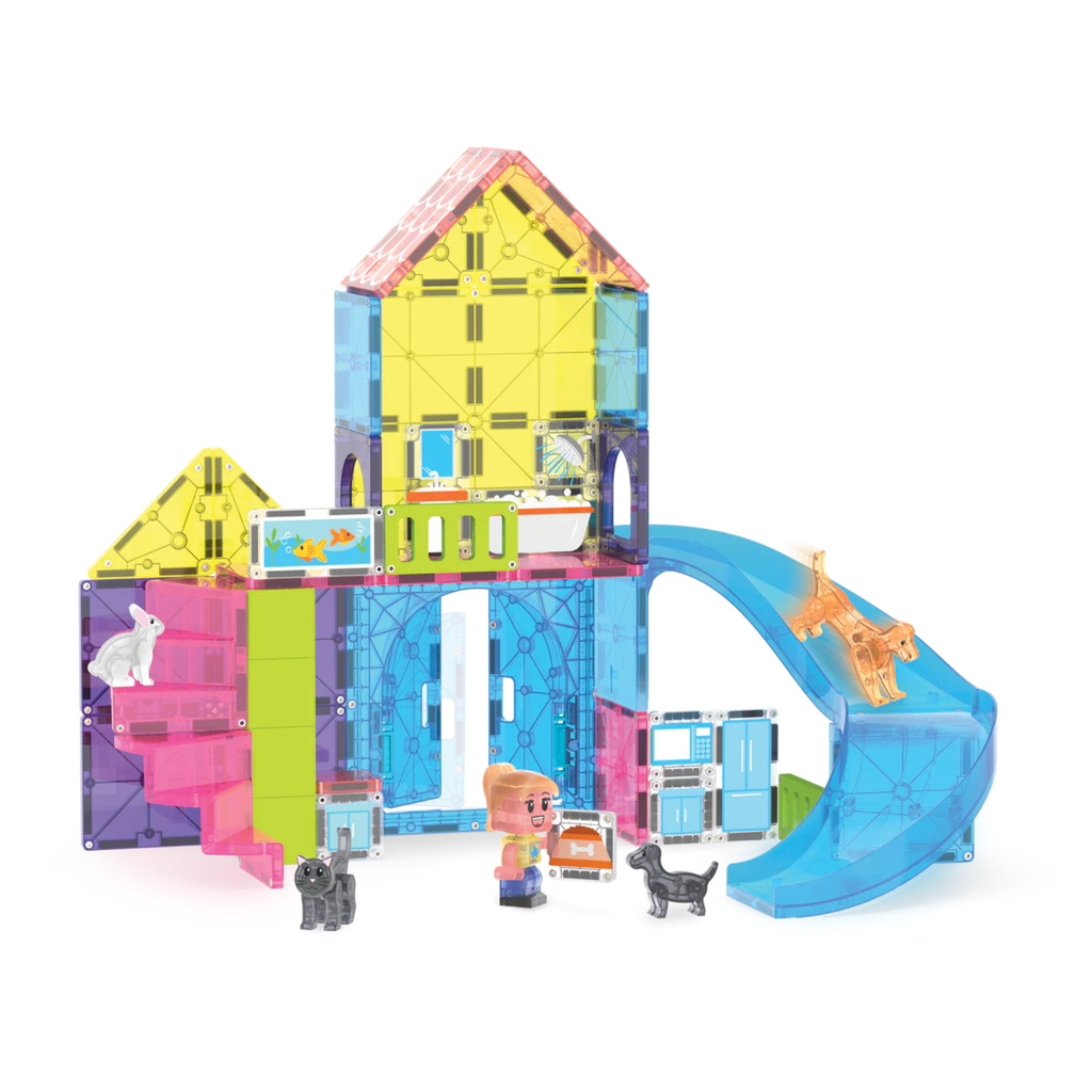Colorful Magna-tiles building set with a slide and small figures on a white background