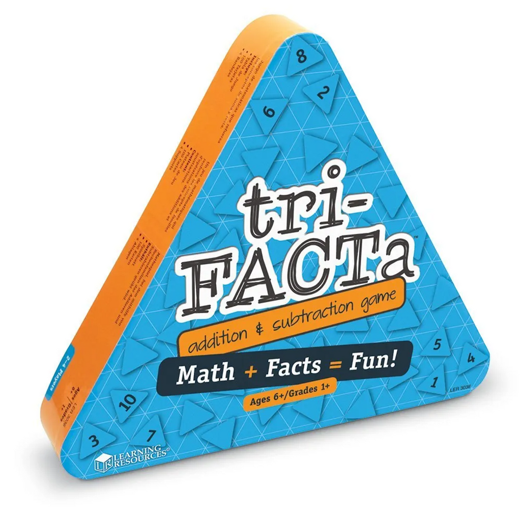 Tri-FACTa math game packaging with blue and orange design on a white background