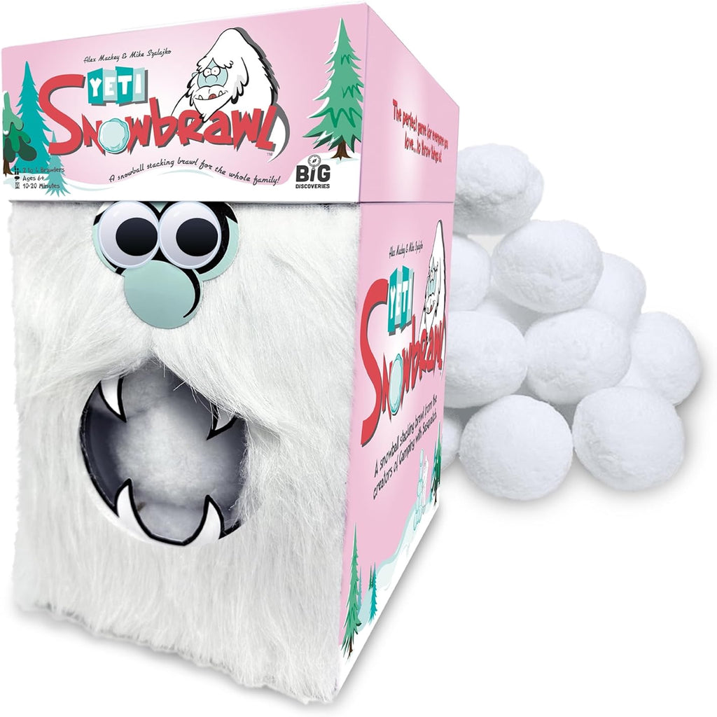 White box with googly eyes labeled 'Yeti Snowbrawl' on a white background with snowballs in the back