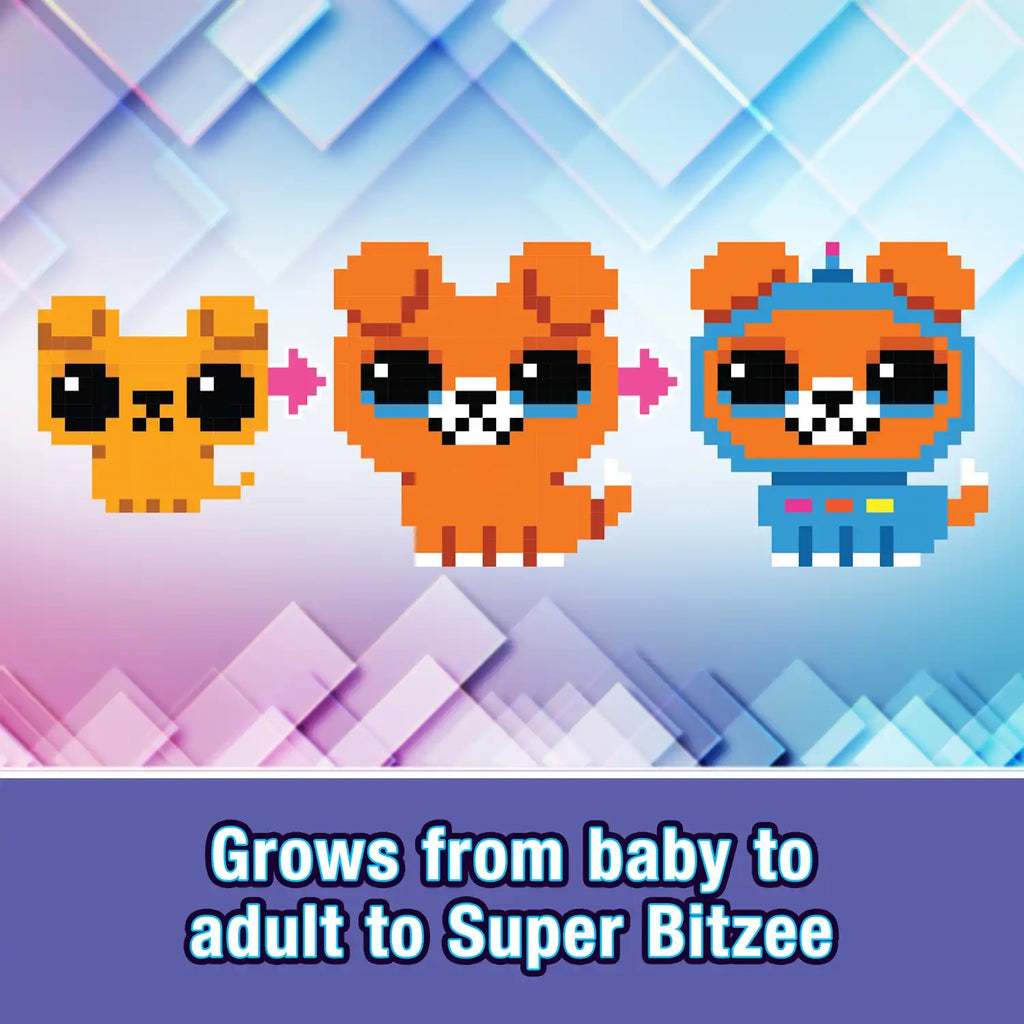 3 digital pets increasing in size with text "Grows from baby to adult to Super BItzee" 