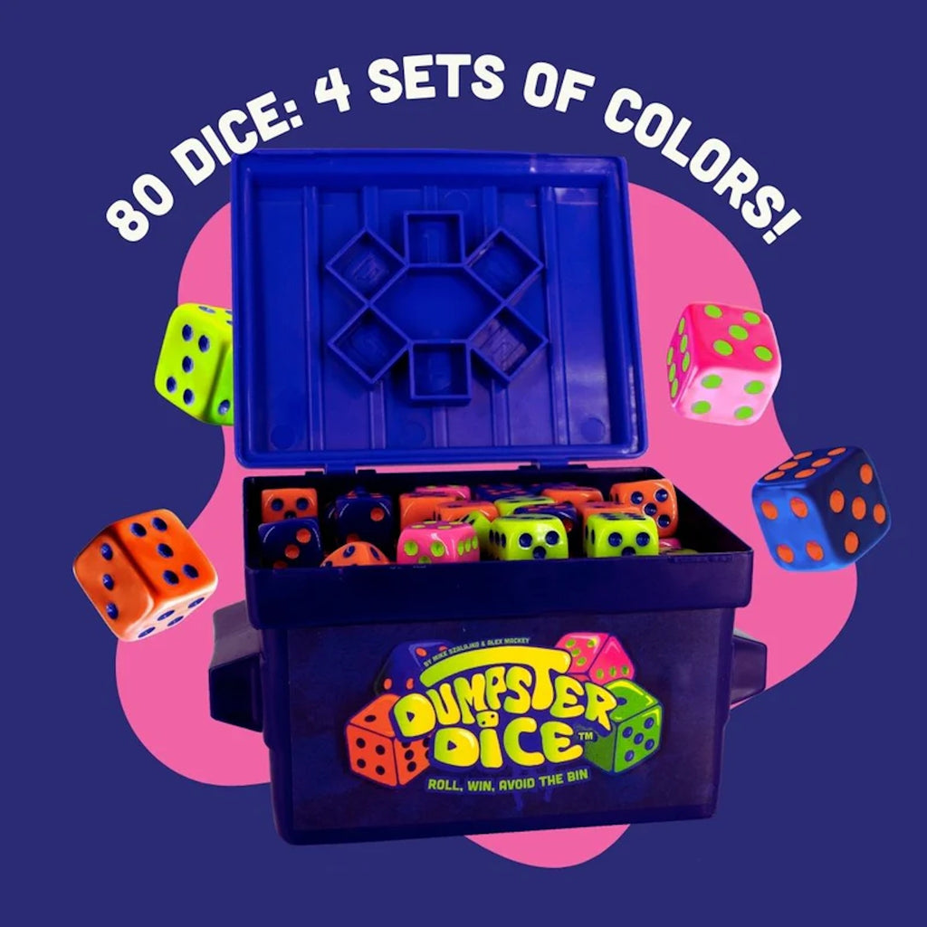 Open dumpster dice with colorful dice and 'Dumpster Dice' branding on a purple background.