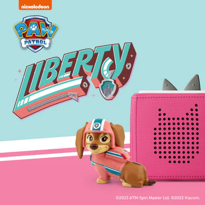 Liberty Tonie Figurine, Pink TonieBox and Liberty in bold letters with Paw Patrol logo