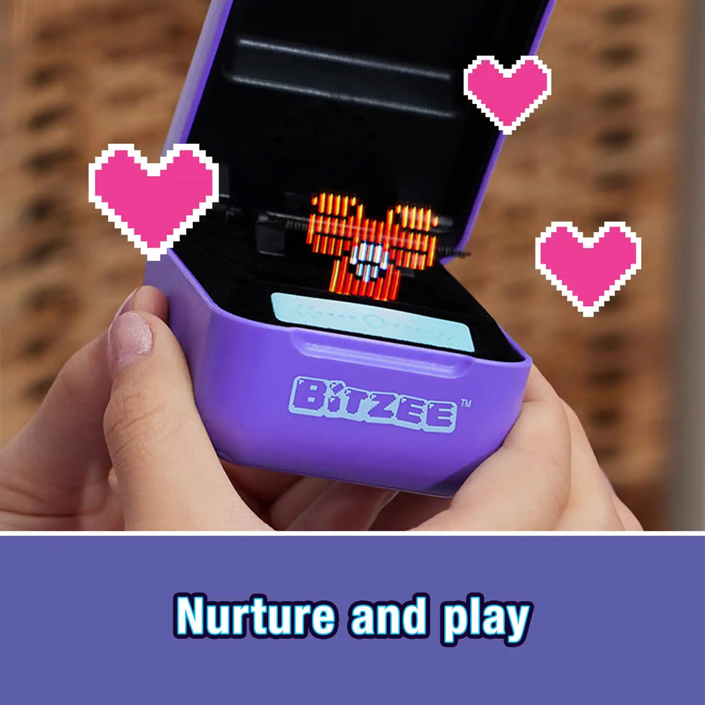 Bitzee Digital Pet opened displaying a pet, hearts around pet with text "Nurture and play"