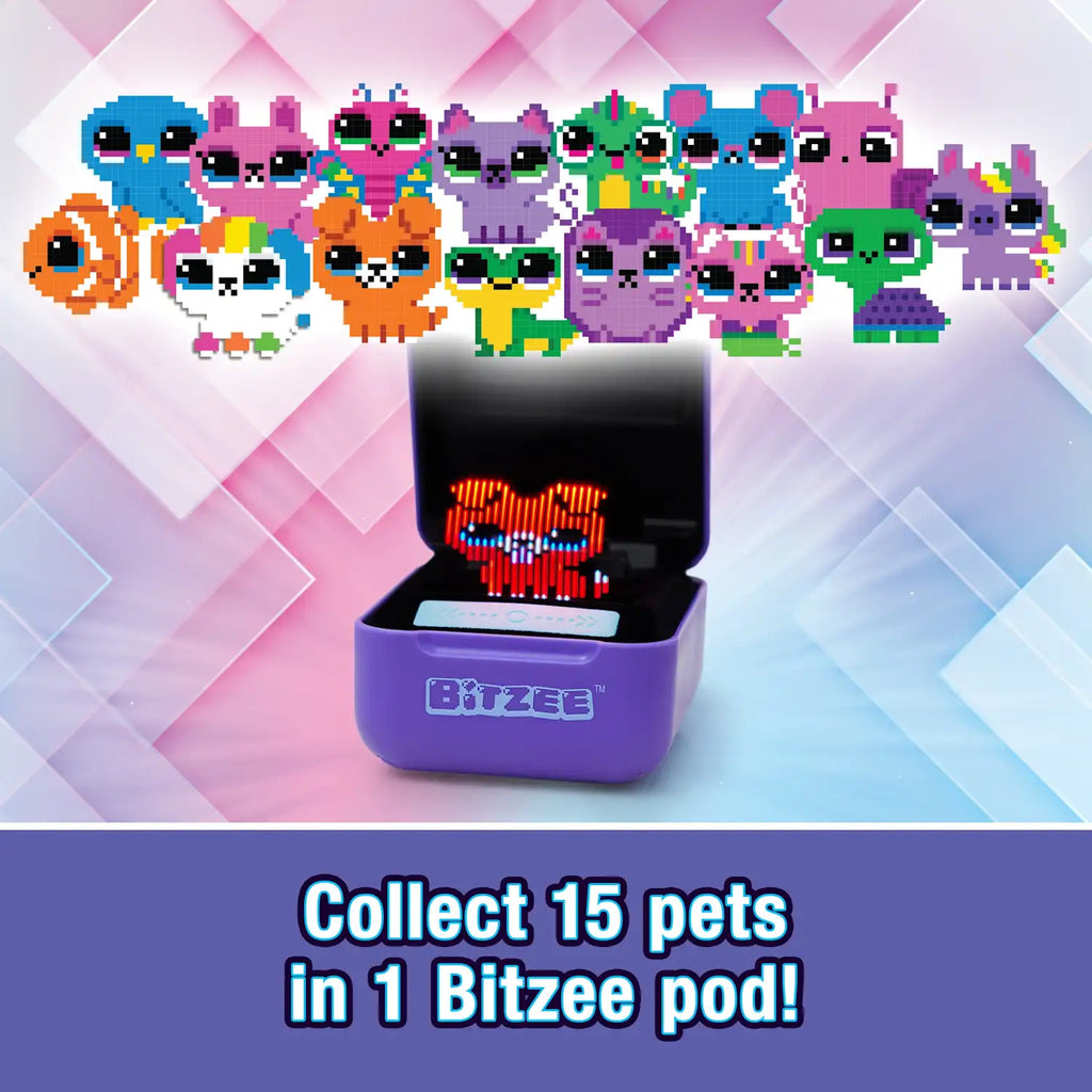 Bitzee Digital Pet opened displaying a pet, 15 possible pet icons above it with text "Collect 15 pets in 1 Bitzee pod!"