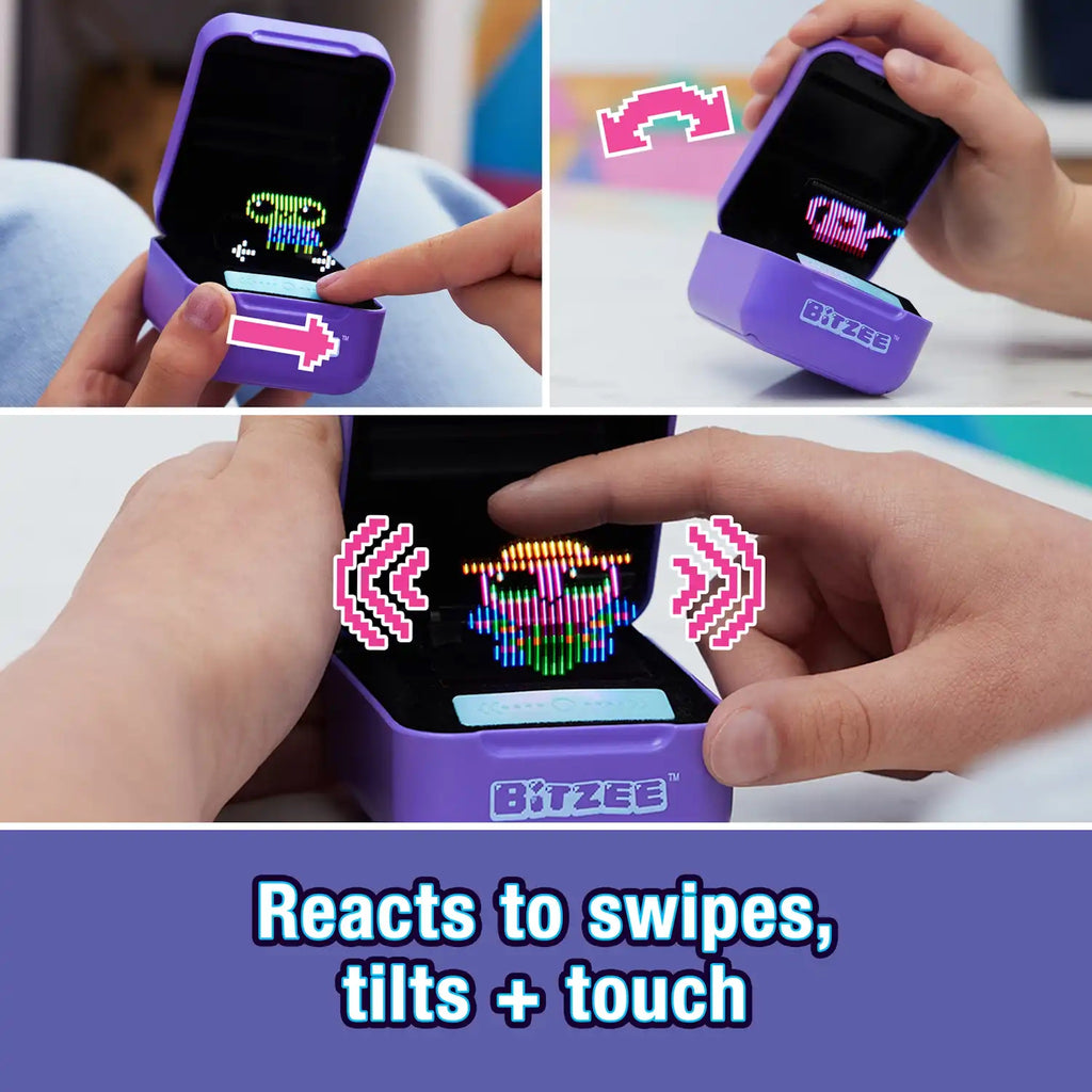 Bitzee Digital Pet opened displaying a pet, person moving Bitzee side to side and petting digital pet with text "React to swipes, tilts + touch"