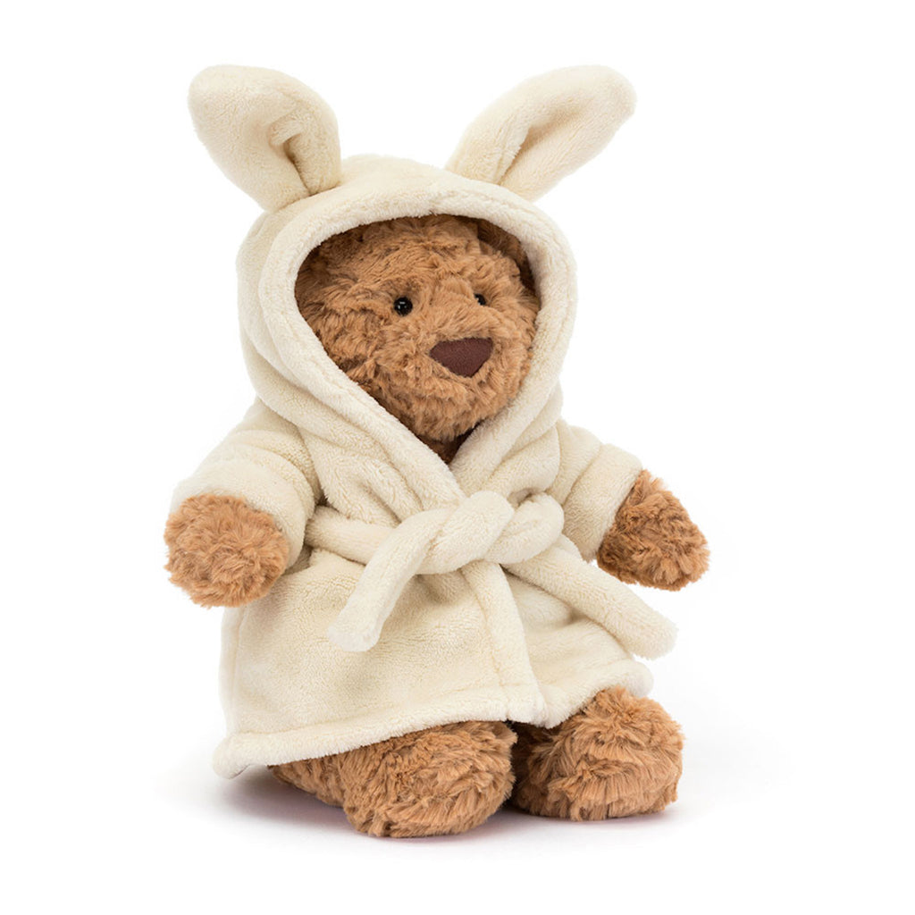 Bartholomew Bear Bathrobe Sitting Facing Forward with Robe Hood Up