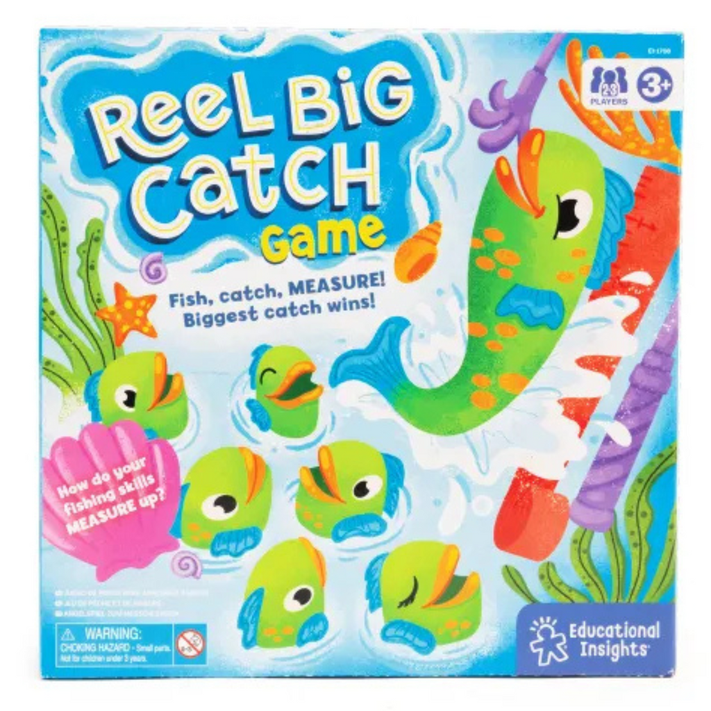 Box of 'Reel Big Catch' game with colorful fish illustrations and game components.