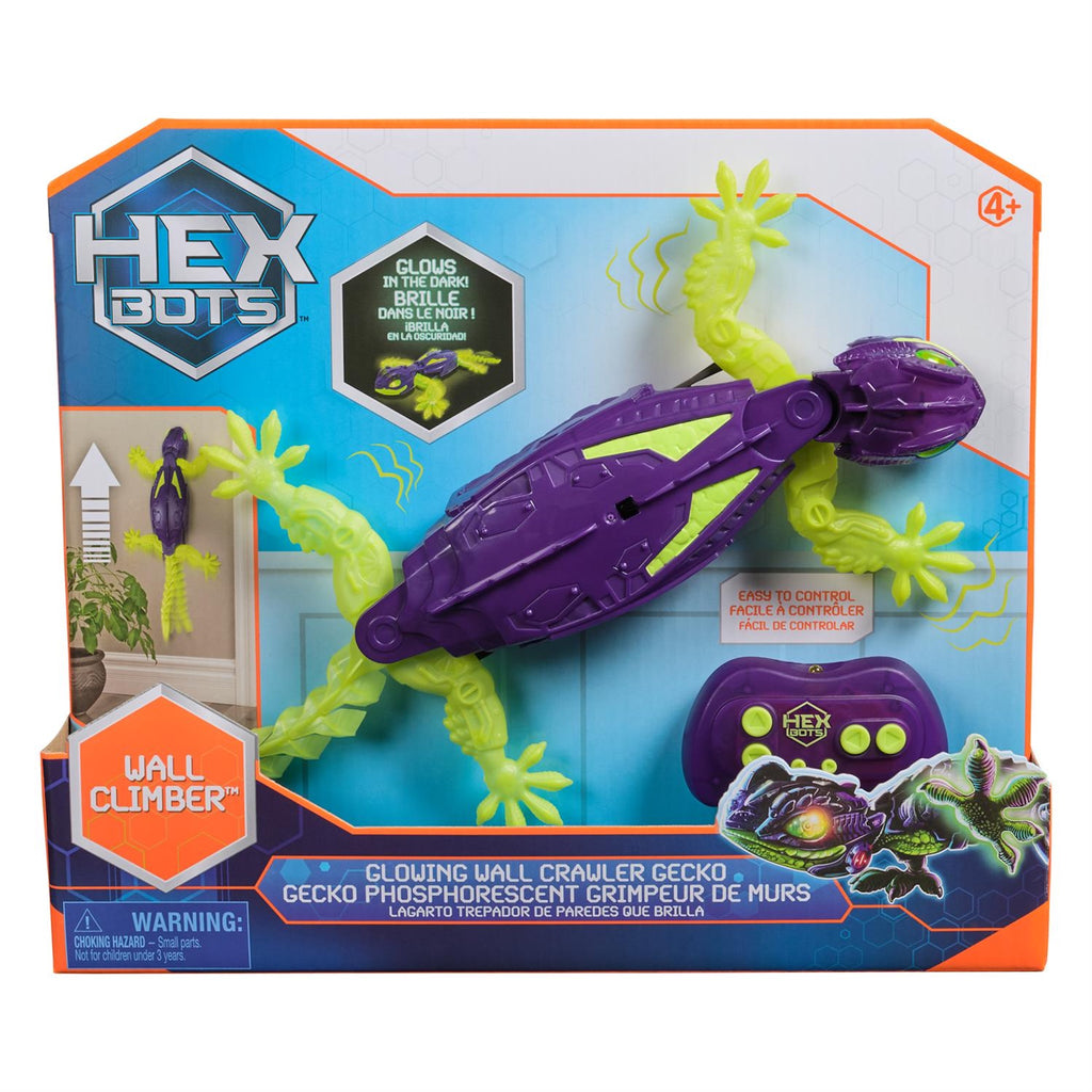 Hex Bots Wall Climber toy packaging with a purple and green gecko-like figure on a white background.