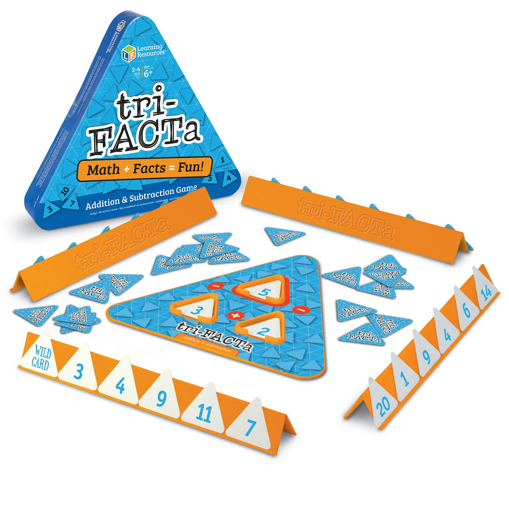 Tri-FACTa math facts game set with triangular boards and cards on a white background