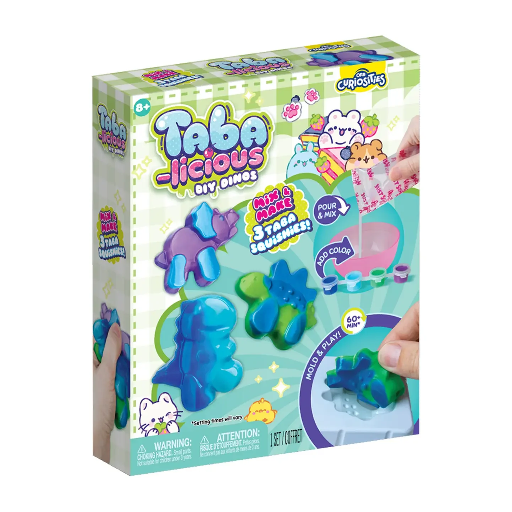 Box of Taba-licious DIY Dinos craft kit with colorful dinosaur squishies on a white background