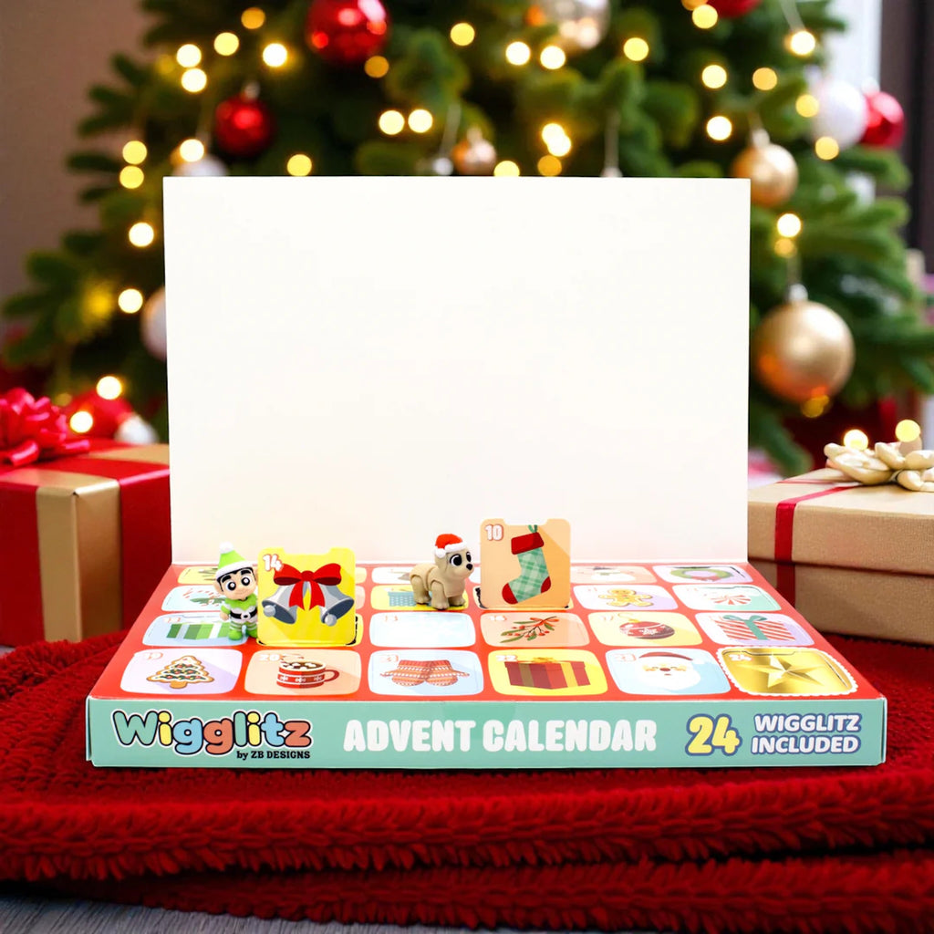 Wigglitz Advent Calendar with Christmas tree and presents in the background