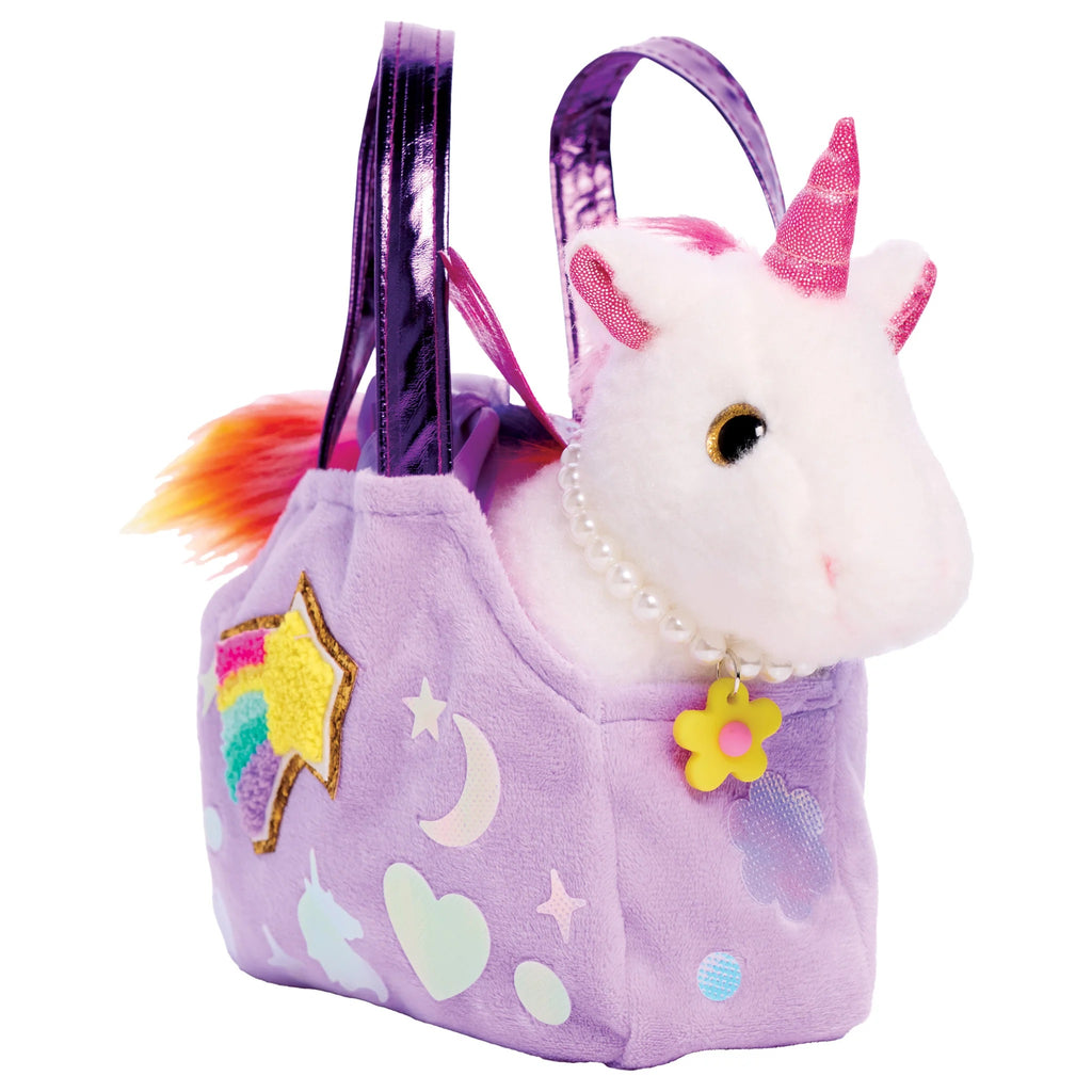 Plush unicorn toy with a purple handbag on a white background