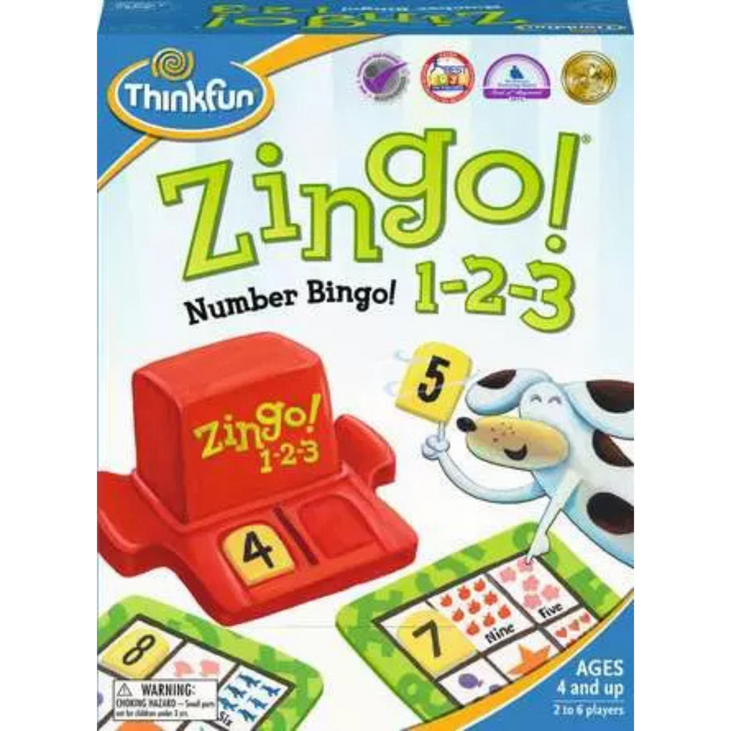 Zingo! Number Bingo! 1-2-3 game box with cartoon dog and colorful design.