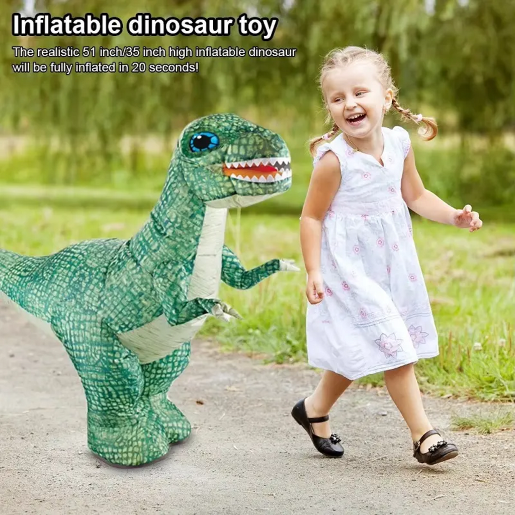 Inflatable dinosaur toy with a child in a park