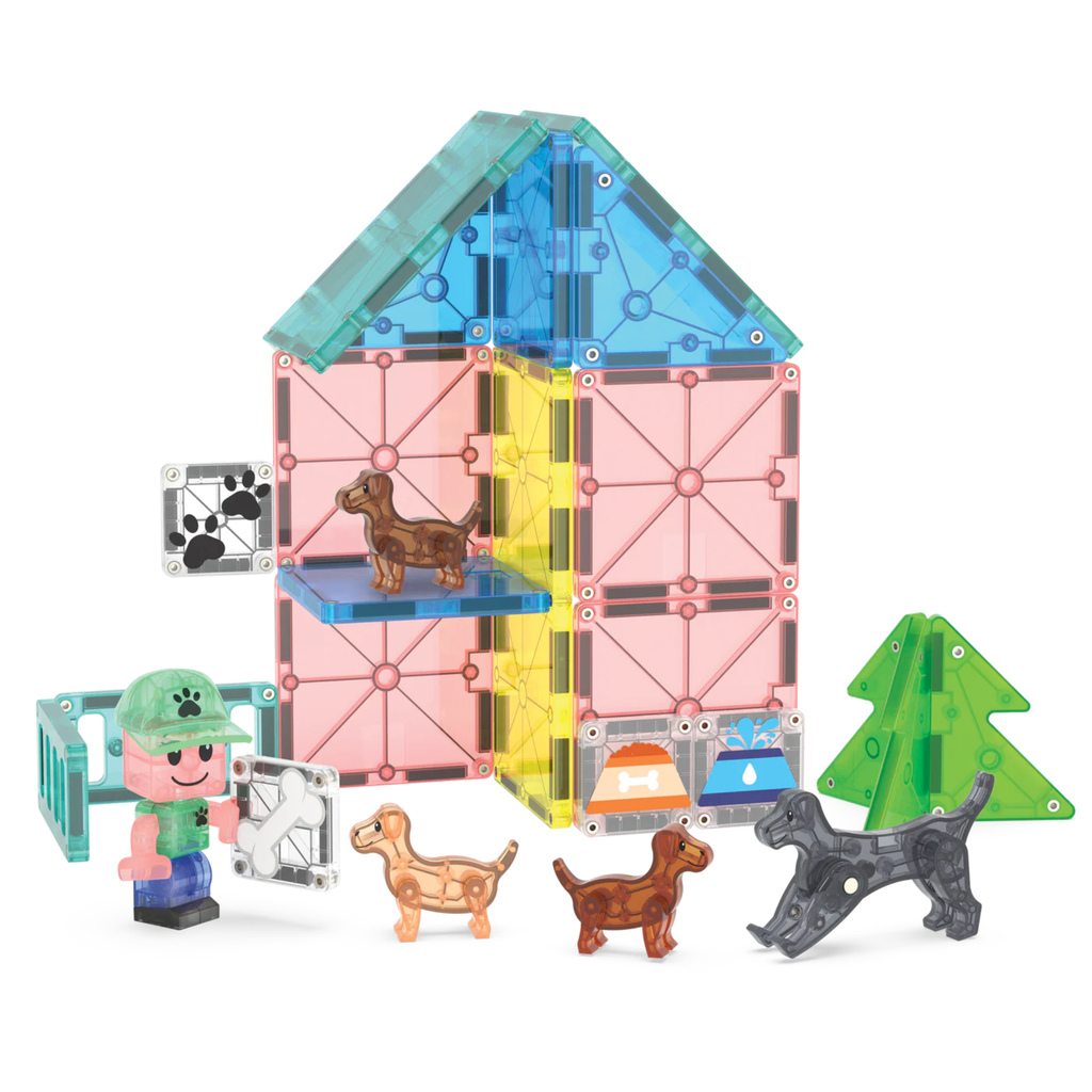 Magna-tiles Puppy Park set with a colorful house structure, animals, and accessories on a white background