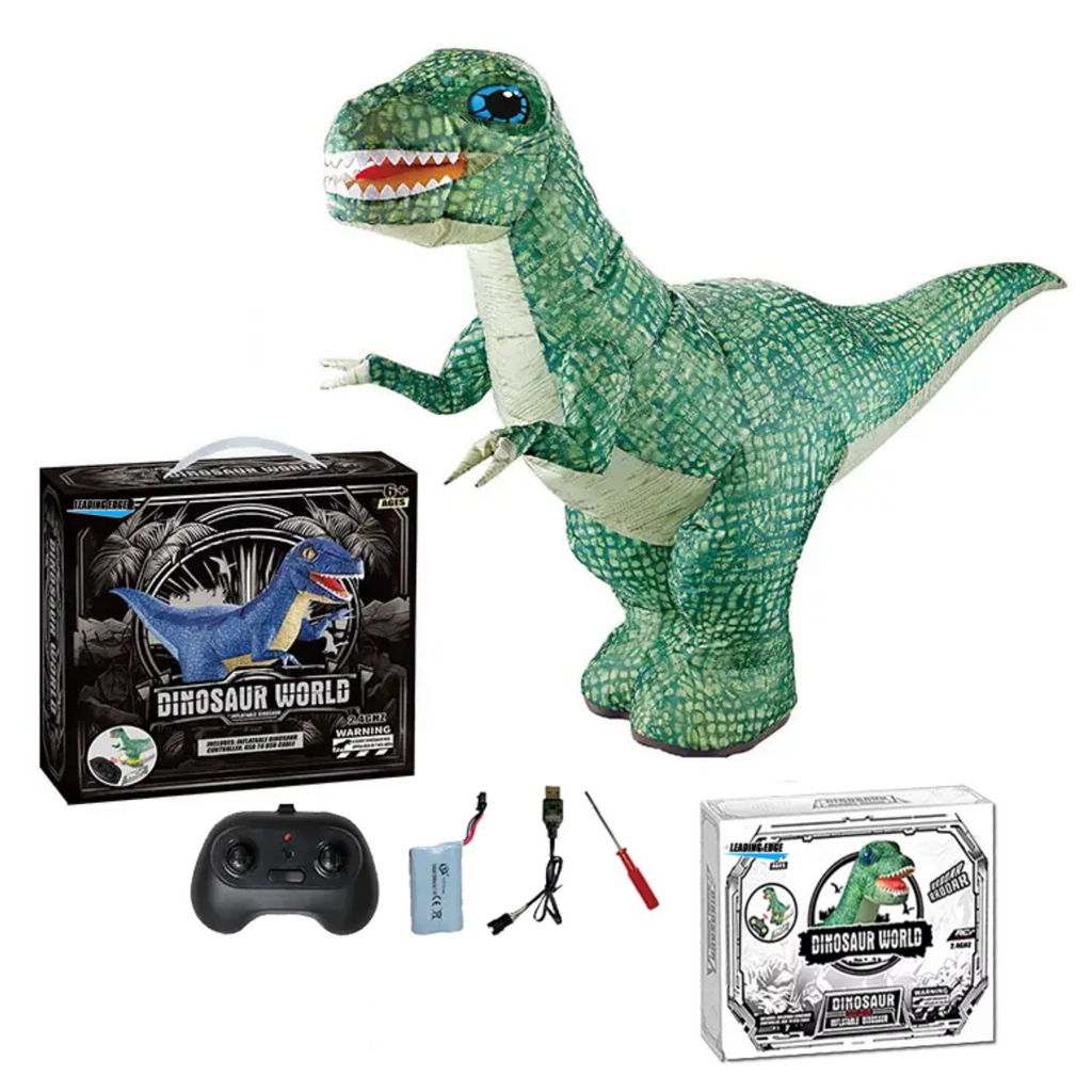 Toy dinosaur with remote control, batteries, and packaging on a white background