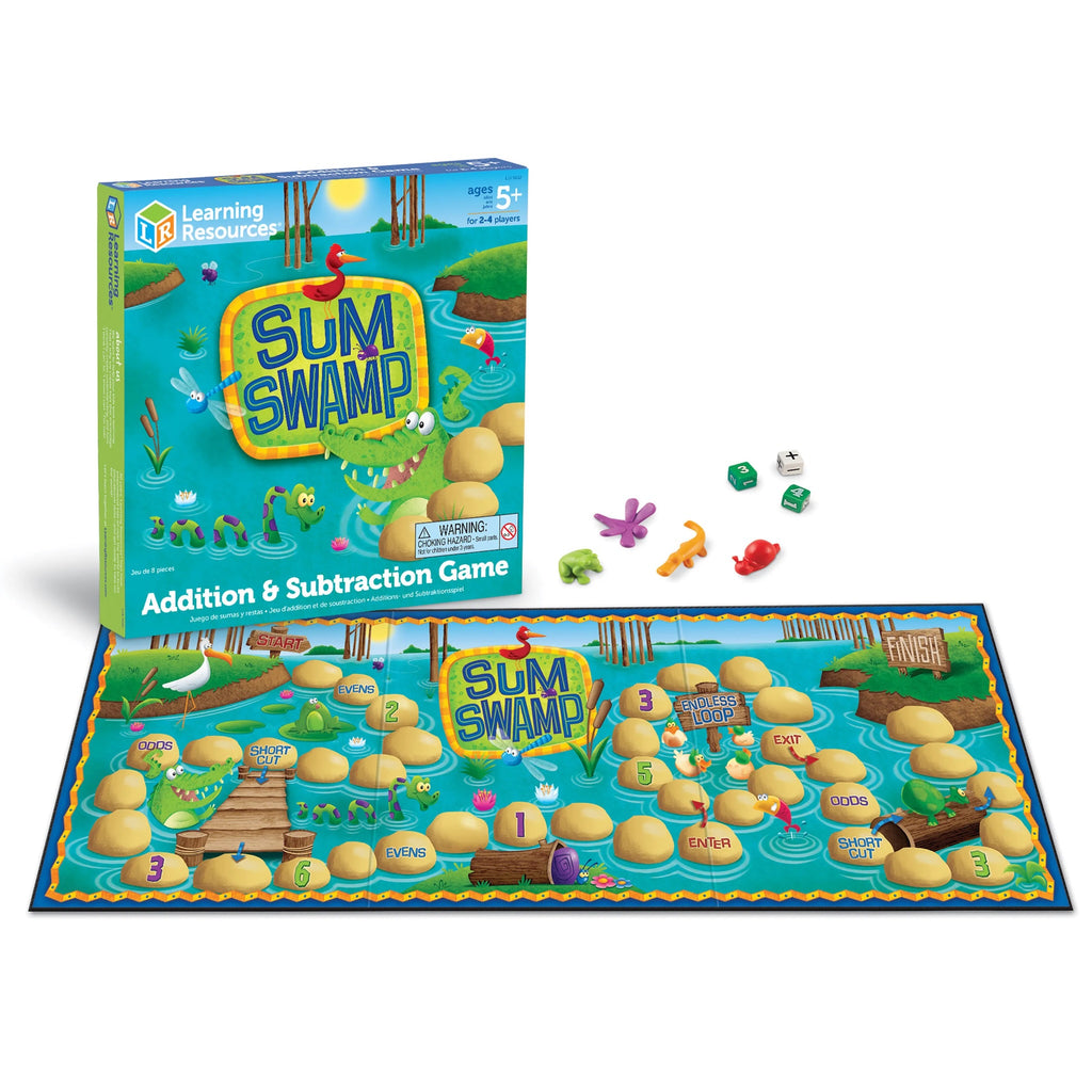 Sum Swamp addition and subtraction game set with board, pieces, and Learning Resources packaging.