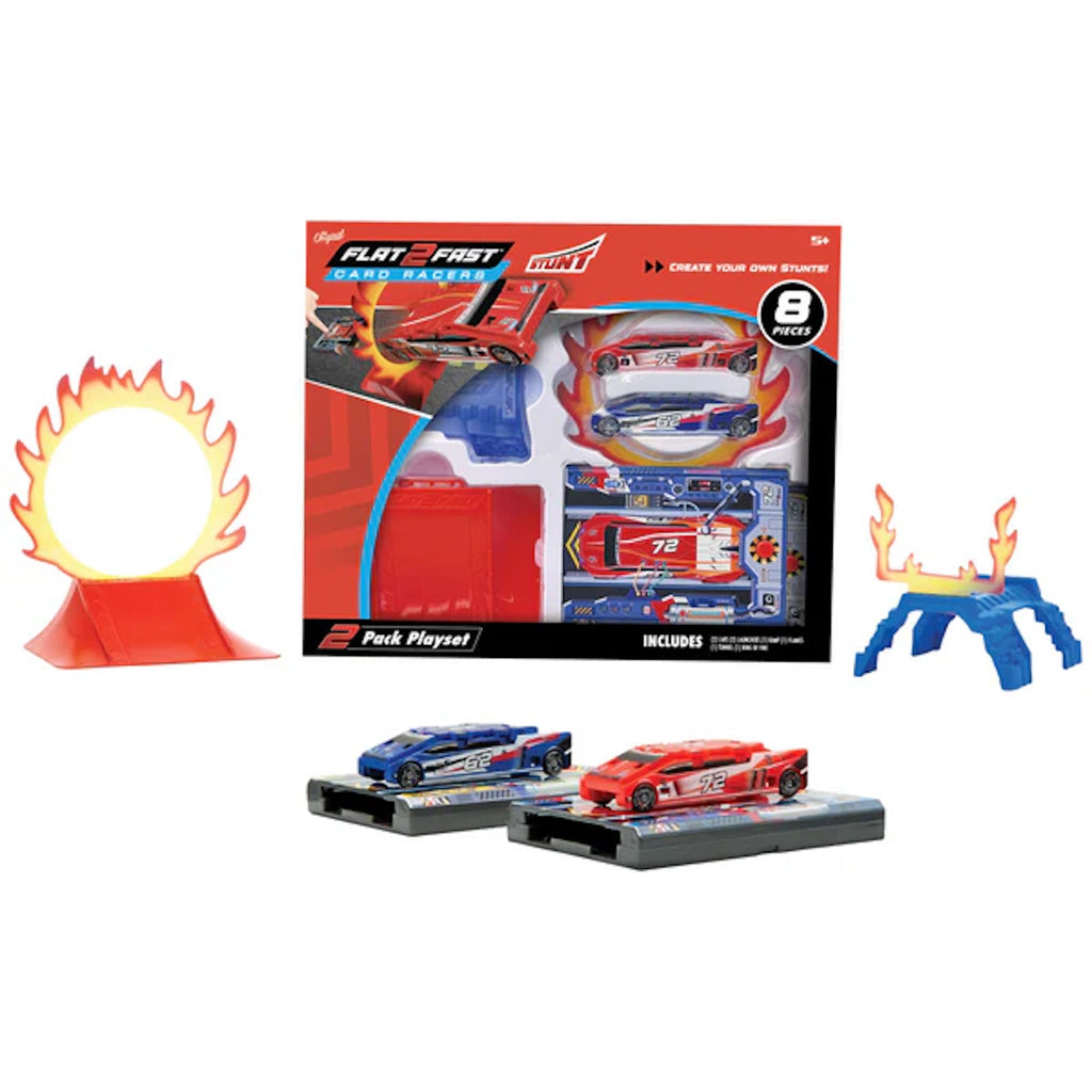 Toy car set with packaging, cars, and launchers on a white background