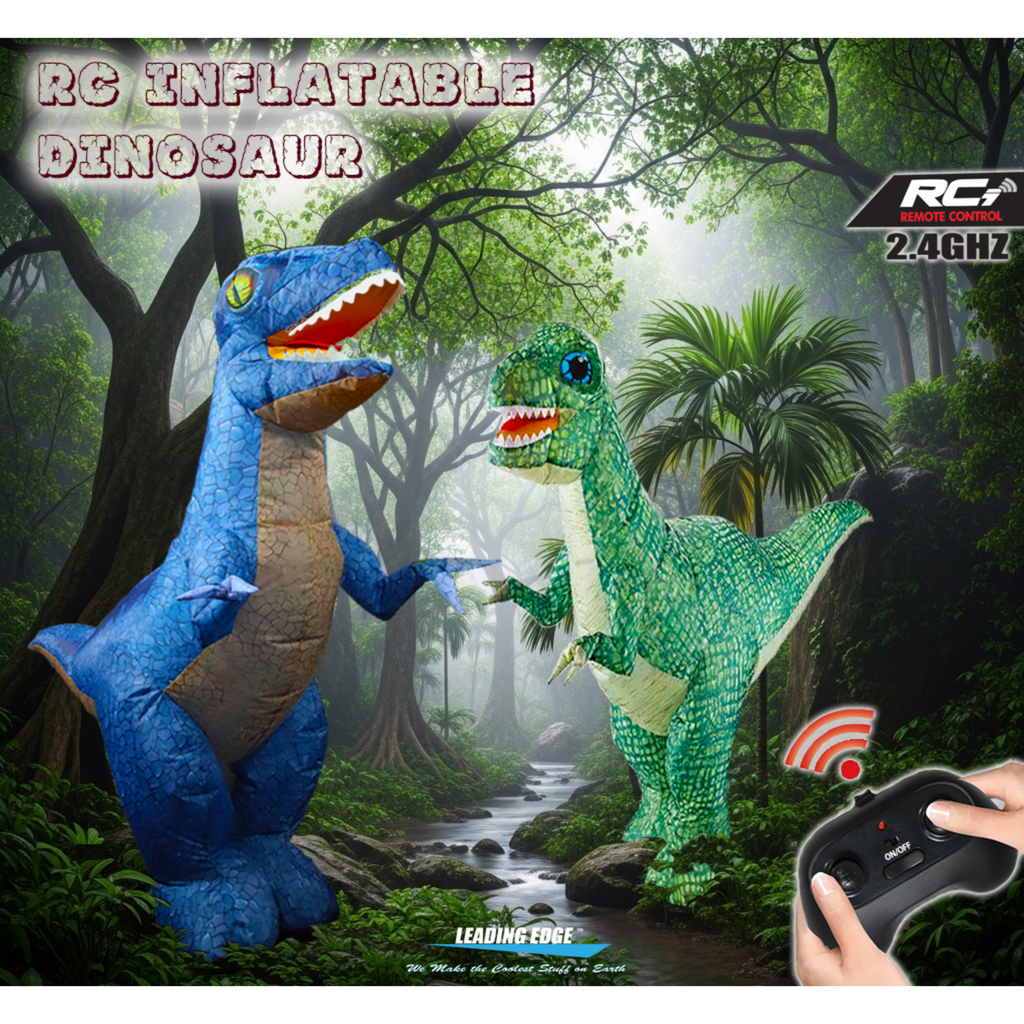 Inflatable dinosaurs in a forest setting with remote control