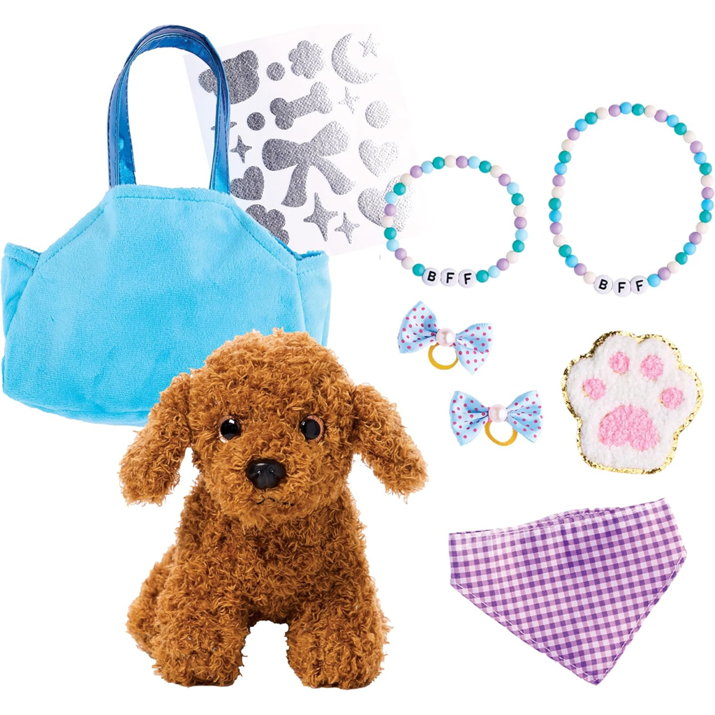 Collection of accessories including a plush dog, blue bag, stickers, beaded bracelets, and a checkered bandana on a white background.