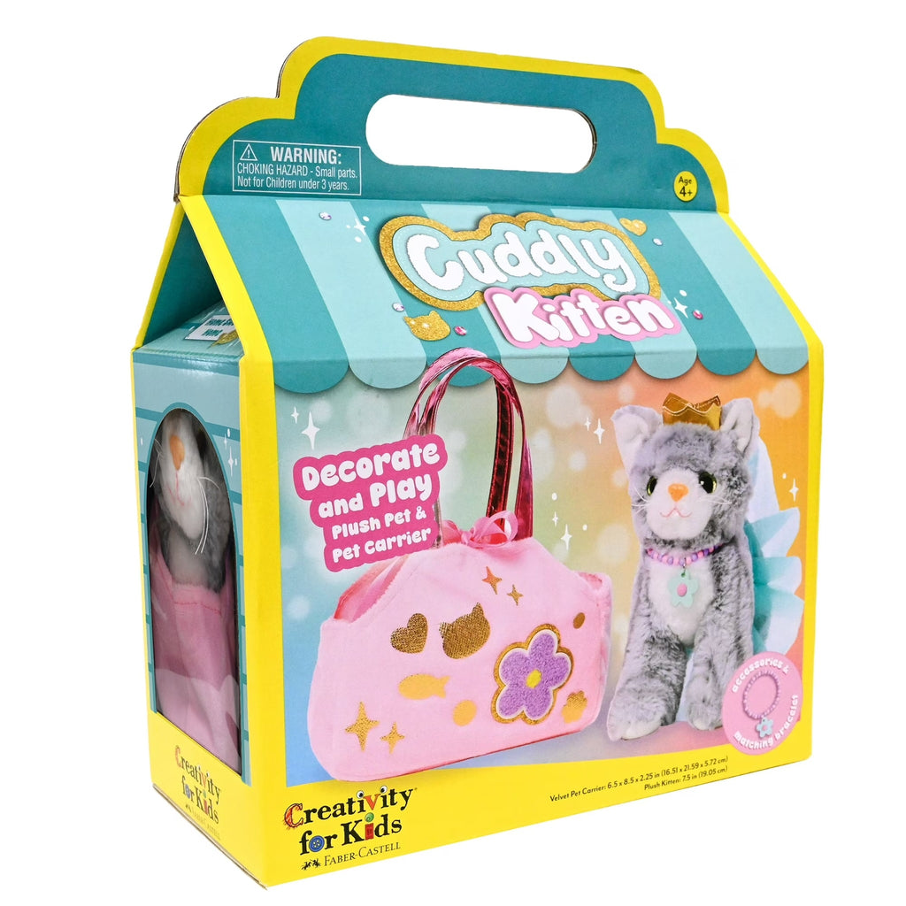 Cuddly Kitten toy set packaging with plush cat and pet carrier on a white background