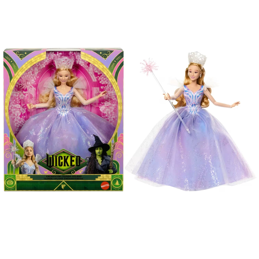 Glinda Barbie doll in a purple gown with a wand next to its packaging