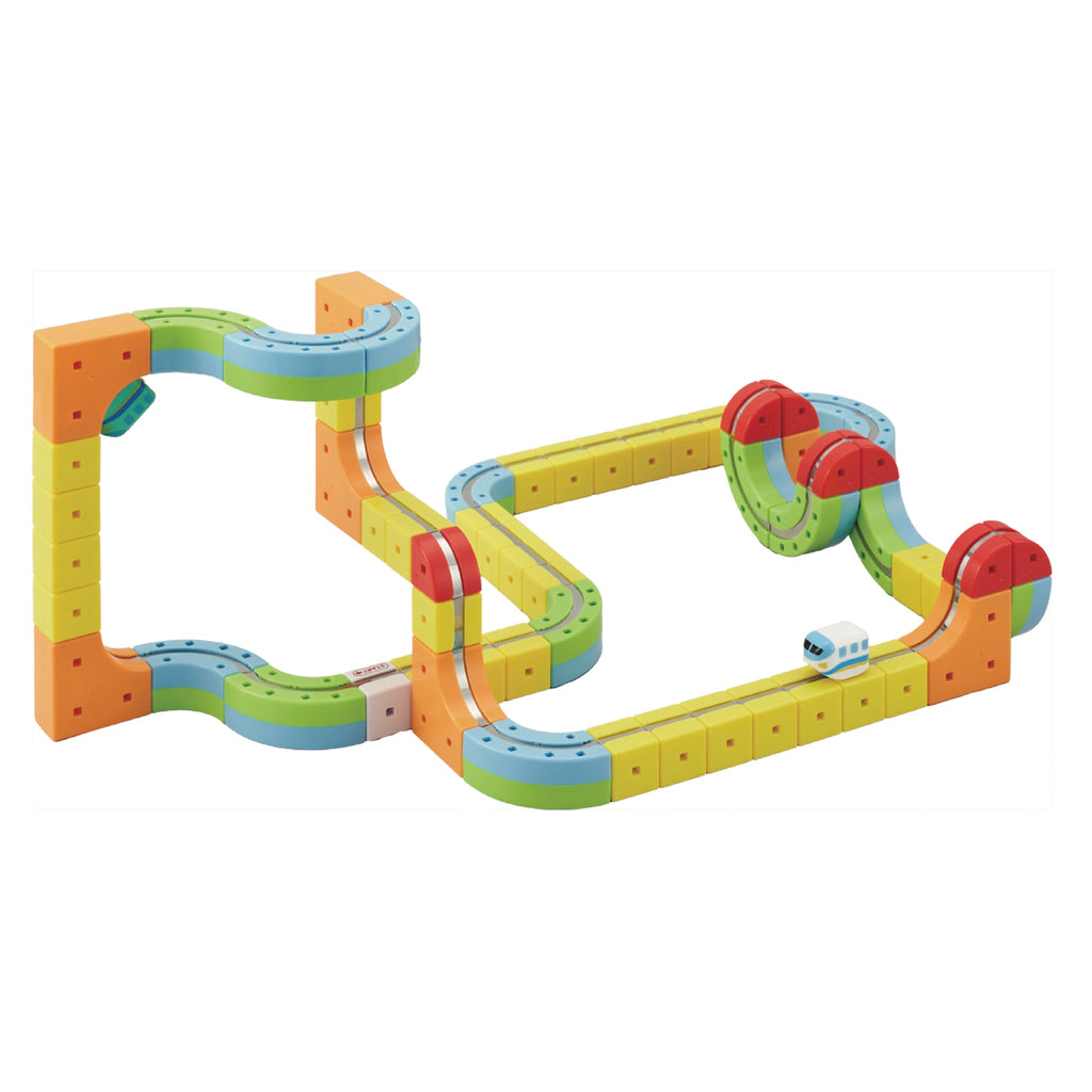 Colorful monorail track with tiny train on a white background
