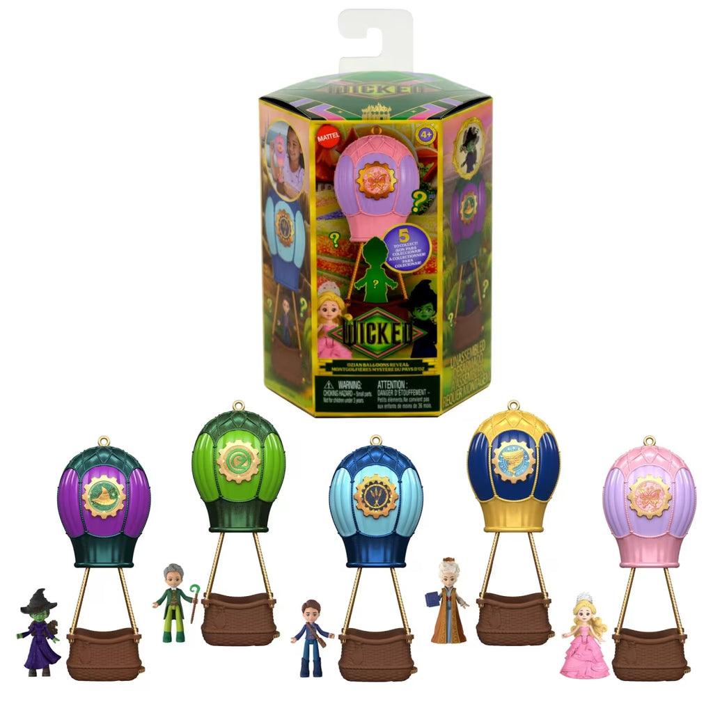 Set of colorful hot air balloon toys with figures in front of their packaging.