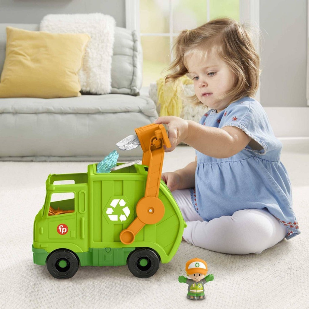 Child Playing with Little People Recycling Truck