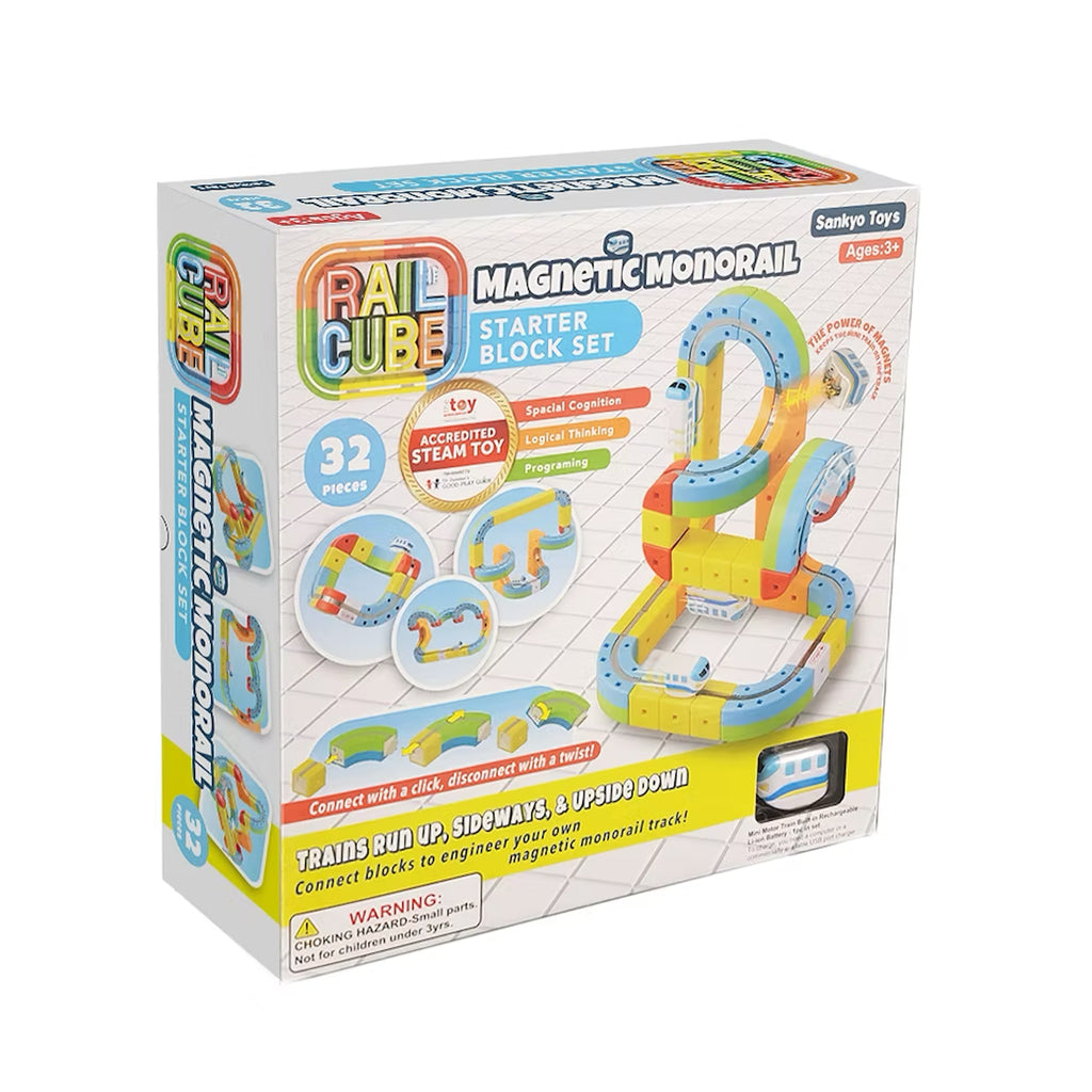 Box of Rail Cube Magnetic Monorail Starter Block Set on a white background