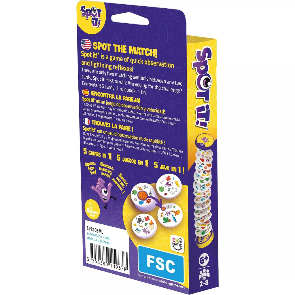Spot It! game packaging with purple and yellow design on a white background